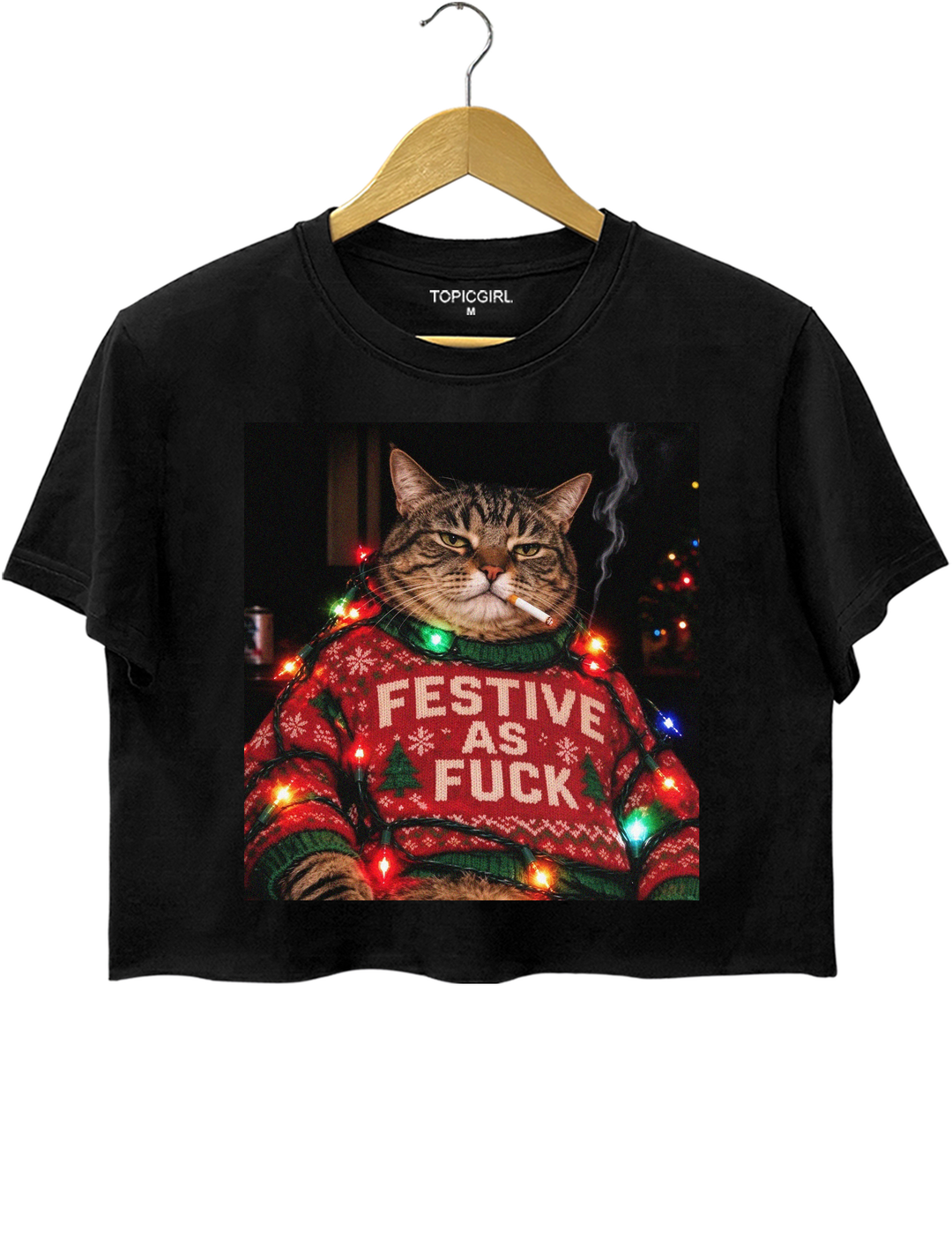 Funny Christmas Cat Crop Top - Black
