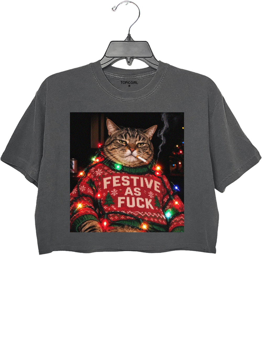 Funny Christmas Cat Crop Top - Gray