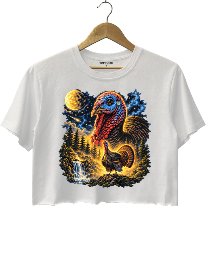 Turkey Howling To The Moon Thanksgiving Crop Top - White