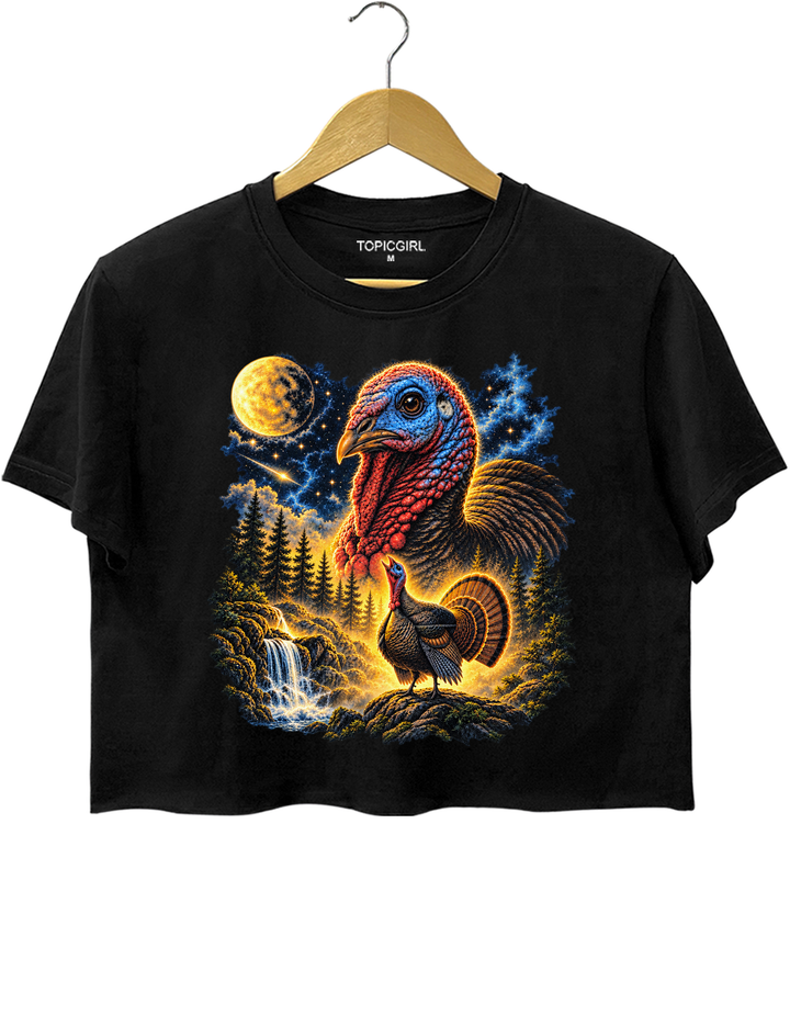 Turkey Howling To The Moon Thanksgiving Crop Top - Black