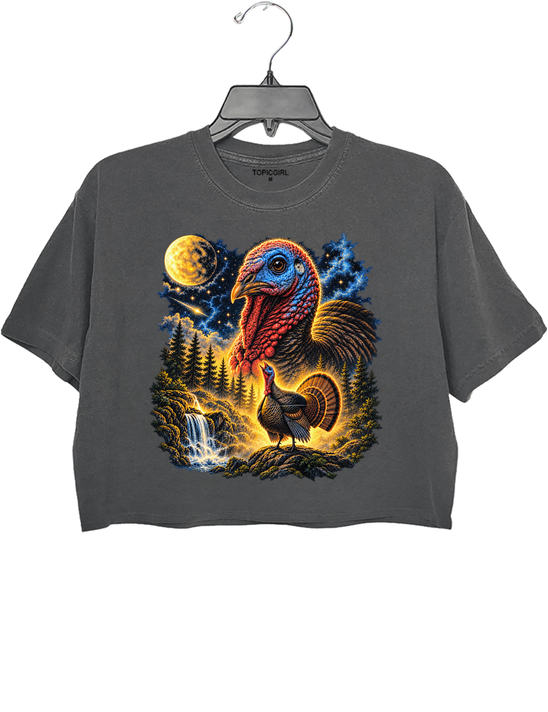 Turkey Howling To The Moon Thanksgiving Crop Top - Gray