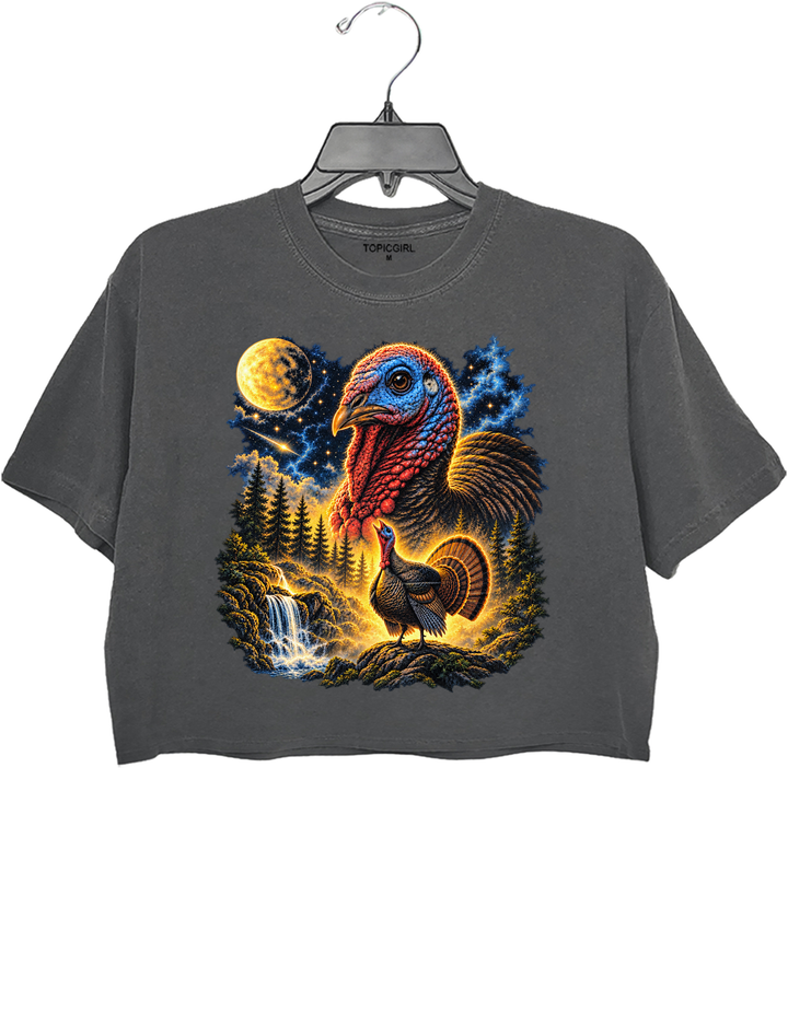Turkey Howling To The Moon Thanksgiving Crop Top - Gray