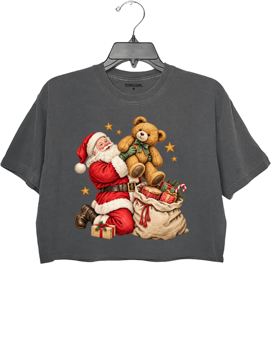 Vintage Santa And Bear Crop Top - Gray