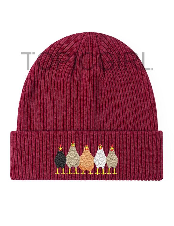 Fun Chickens In A Row Embroidered Beanie
