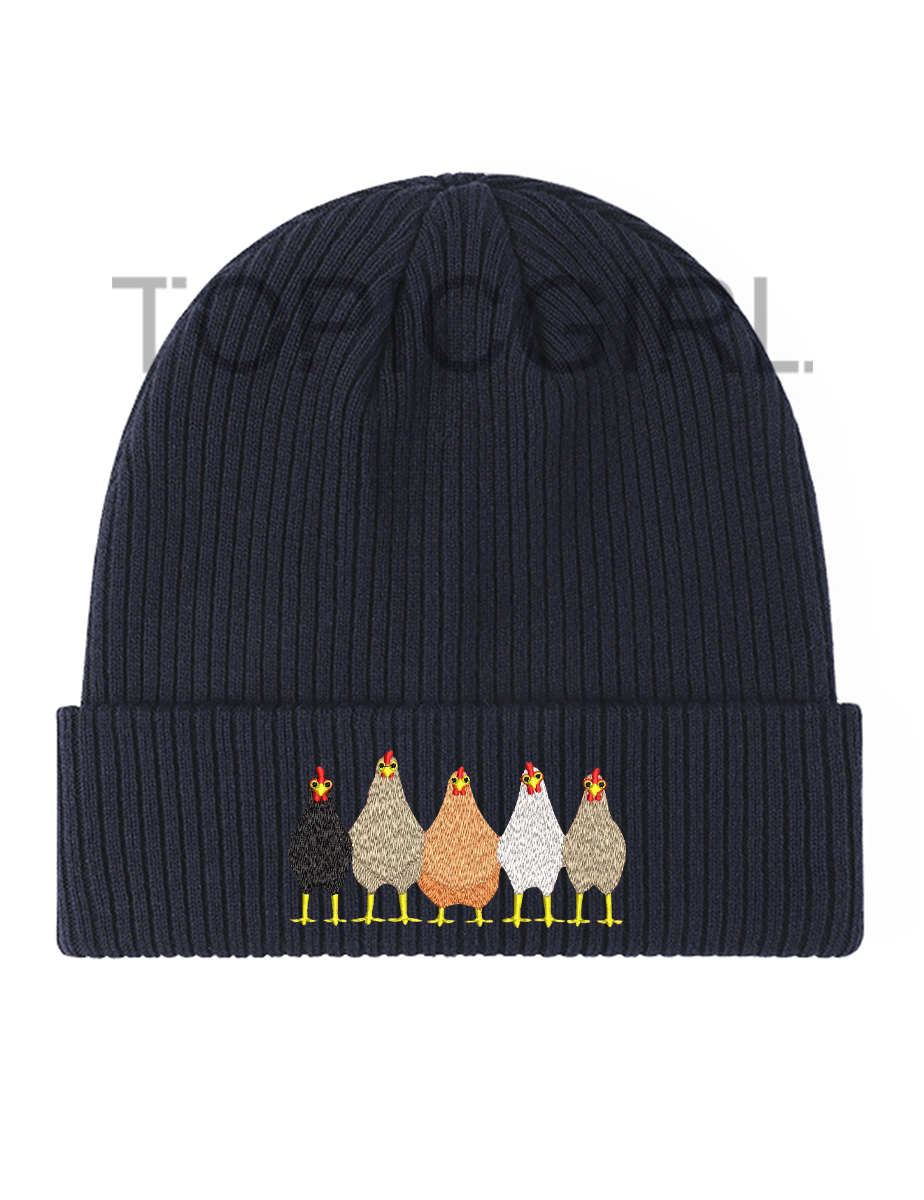 Fun Chickens In A Row Embroidered Beanie