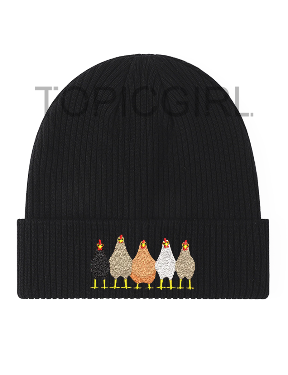 Fun Chickens In A Row Embroidered Beanie
