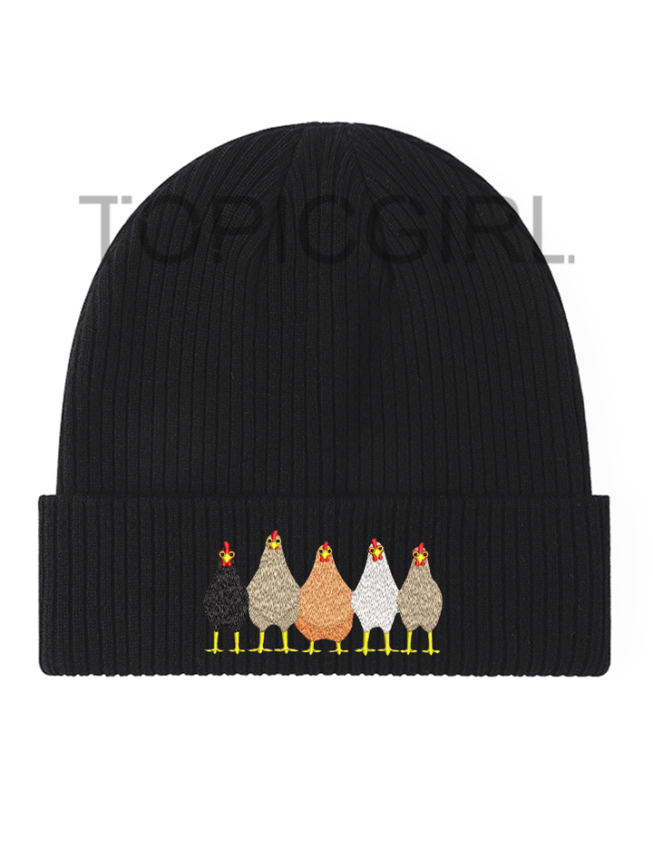 Fun Chickens In A Row Embroidered Beanie