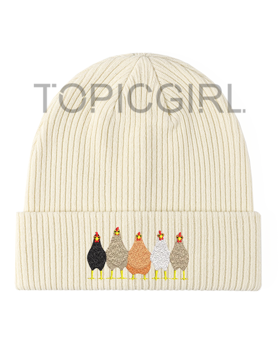 Fun Chickens In A Row Embroidered Beanie