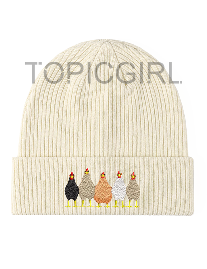Fun Chickens In A Row Embroidered Beanie