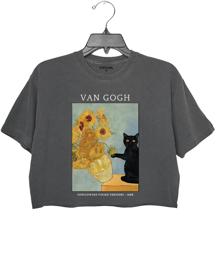 Van Gogh Sunflowers And Mischievous Cat Crop Top