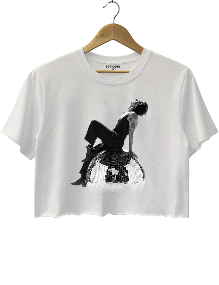 Harry Styles Seated Side View on a Disco Ball Crop Top