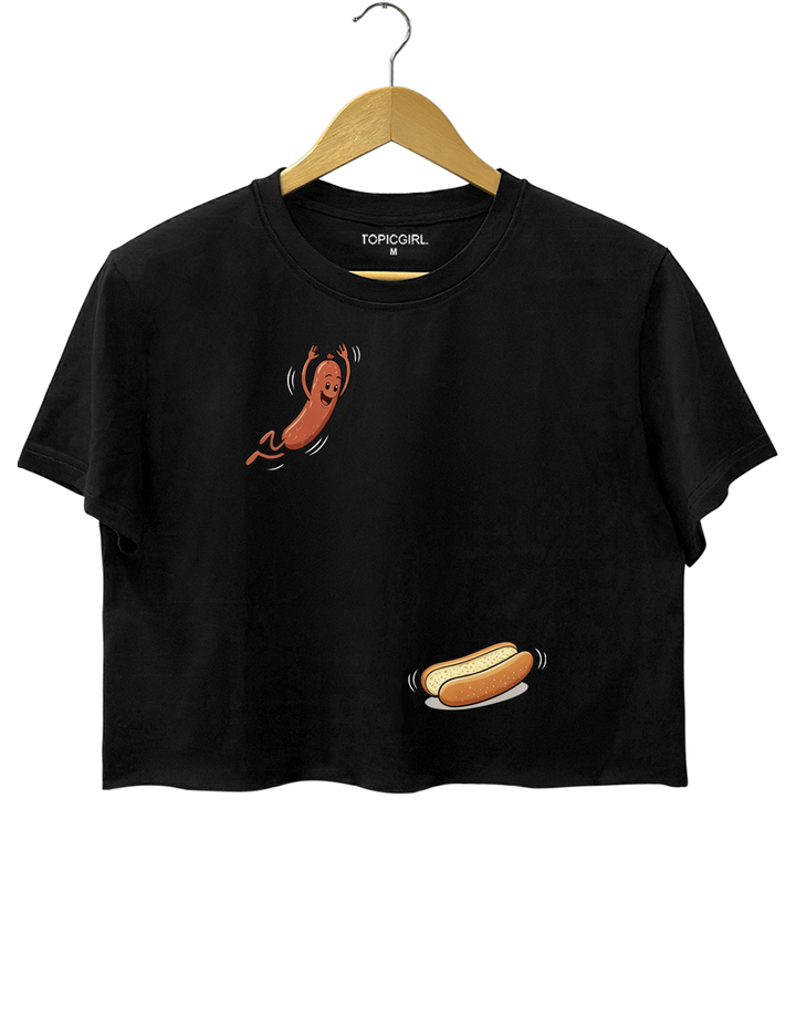 Hot Dog Jumping Into Bun Crop Top