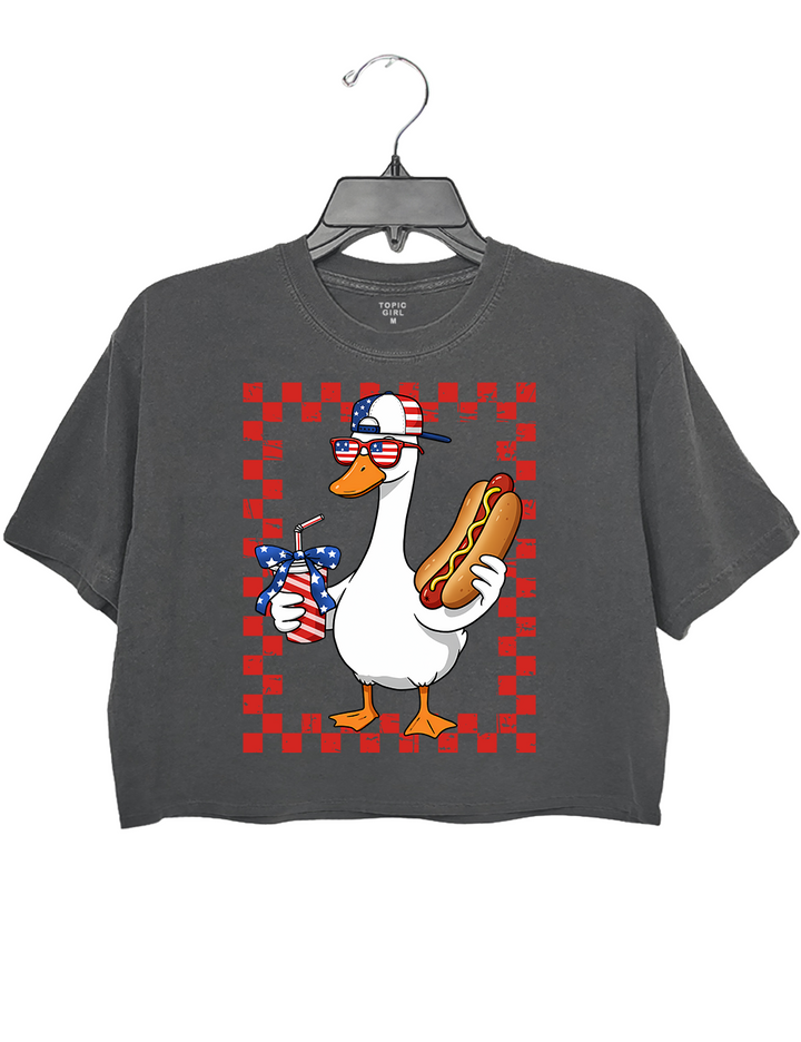 America Patriotic Goose With Hot Dog And Drink Crop Top