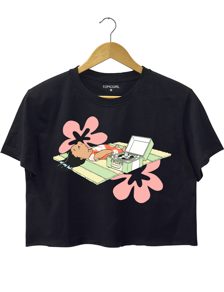 Lilo Relaxing On Beach Mat With Record Player Crop Top