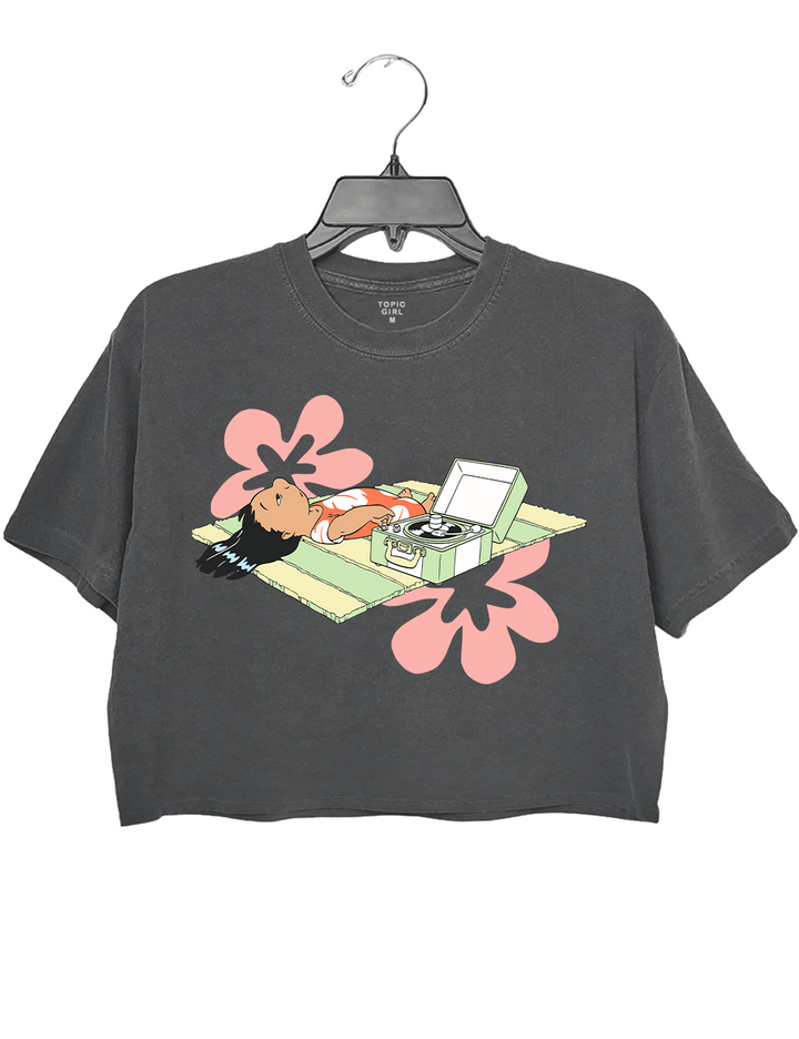 Lilo Relaxing On Beach Mat With Record Player Crop Top