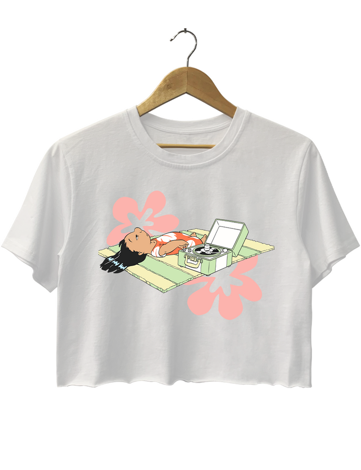 Lilo Relaxing On Beach Mat With Record Player Crop Top