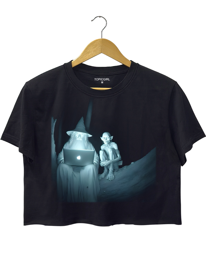 Gandalf And Gollum Using Laptop Crop Top