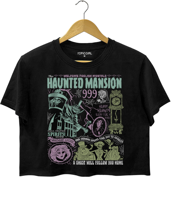 Welcome Foolish Mortals Hitchhiking Ghost Spooky Season Madam Leota Crop Top