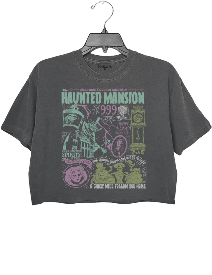 Welcome Foolish Mortals Hitchhiking Ghost Spooky Season Madam Leota Crop Top