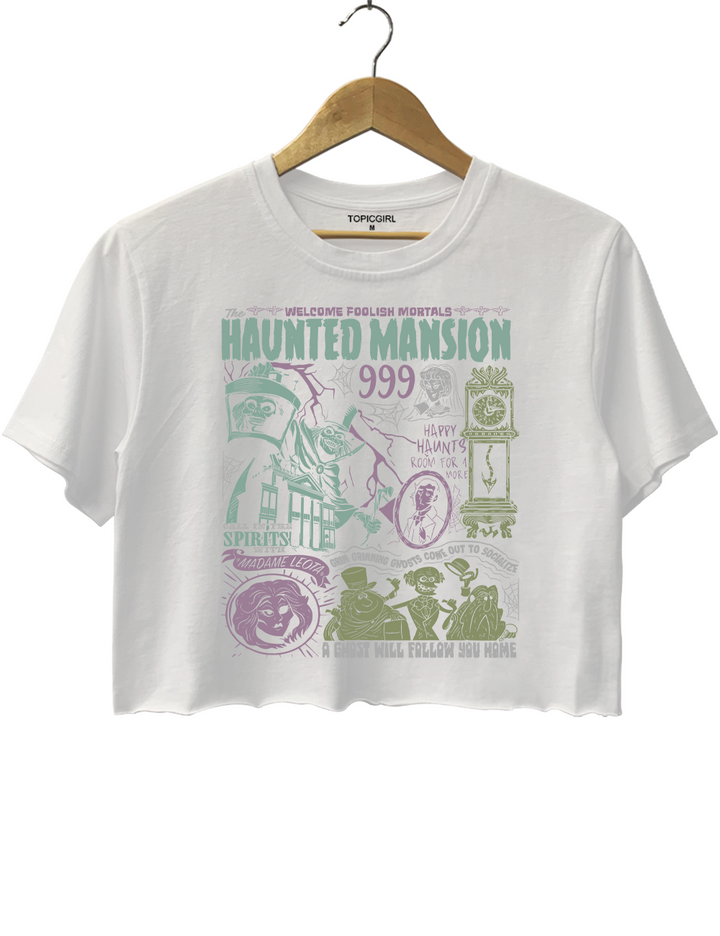 Welcome Foolish Mortals Hitchhiking Ghost Spooky Season Madam Leota Crop Top