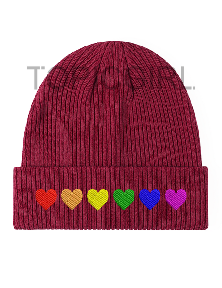 Rainbow Hearts Embroidered Beanie