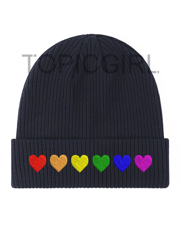 Rainbow Hearts Embroidered Beanie