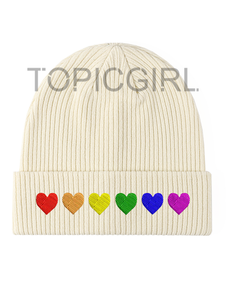 Rainbow Hearts Embroidered Beanie