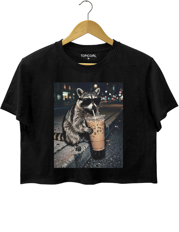 Raccoon Drinking Iced Coffee Crop Top