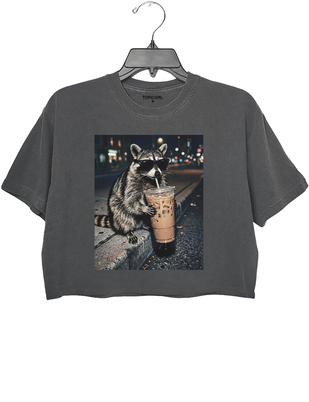 Raccoon Drinking Iced Coffee Crop Top