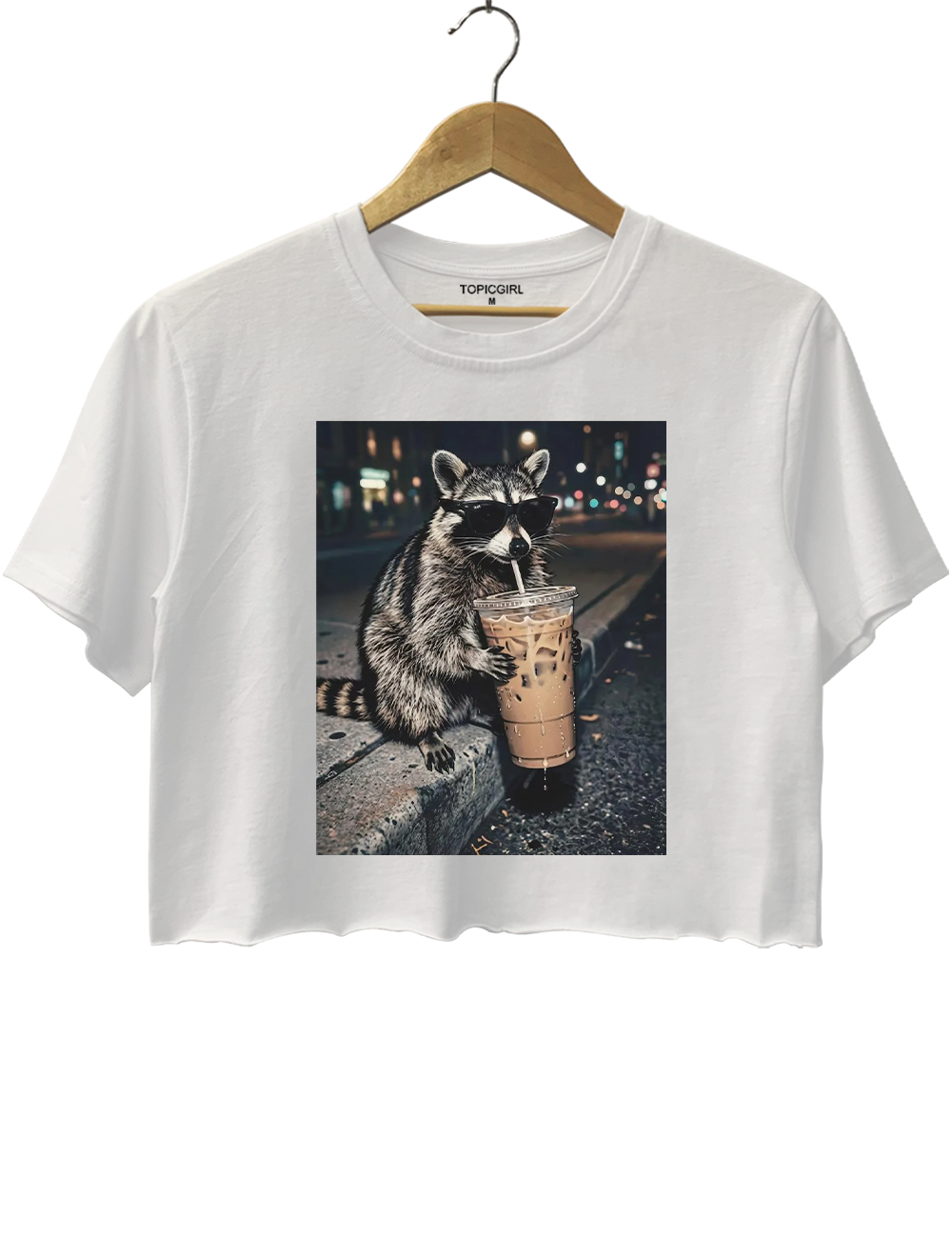 Raccoon Drinking Iced Coffee Crop Top