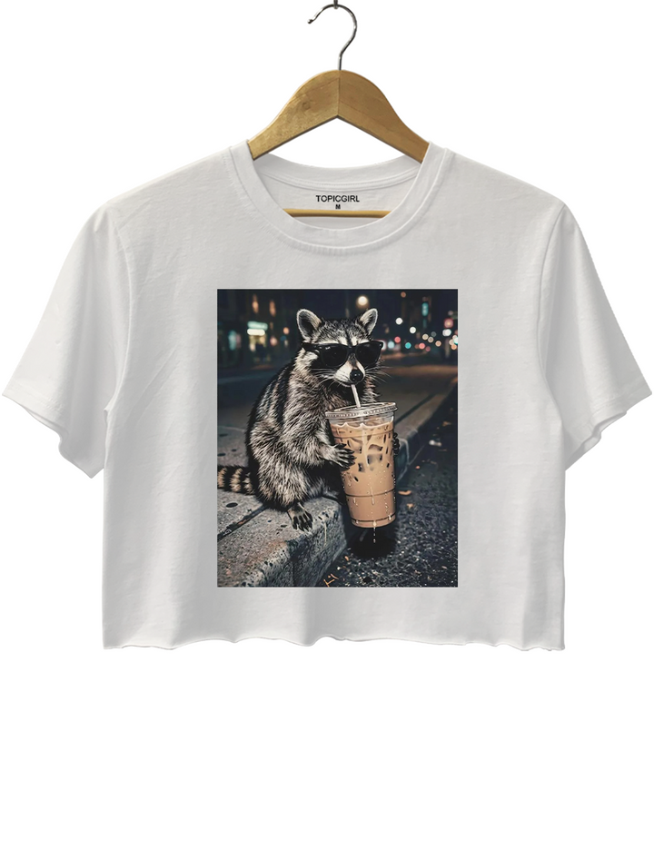 Raccoon Drinking Iced Coffee Crop Top