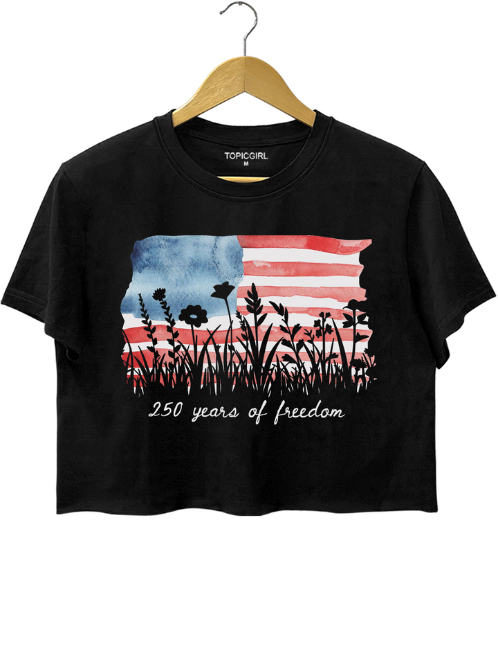 Womens Patriotic 250 Years of Freedom Floral Crop Top