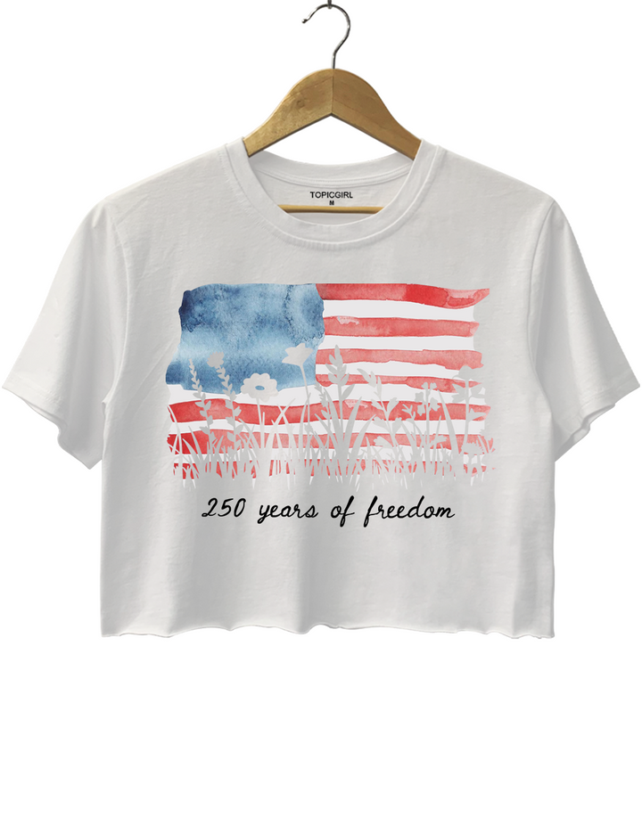Womens Patriotic 250 Years of Freedom Floral Crop Top