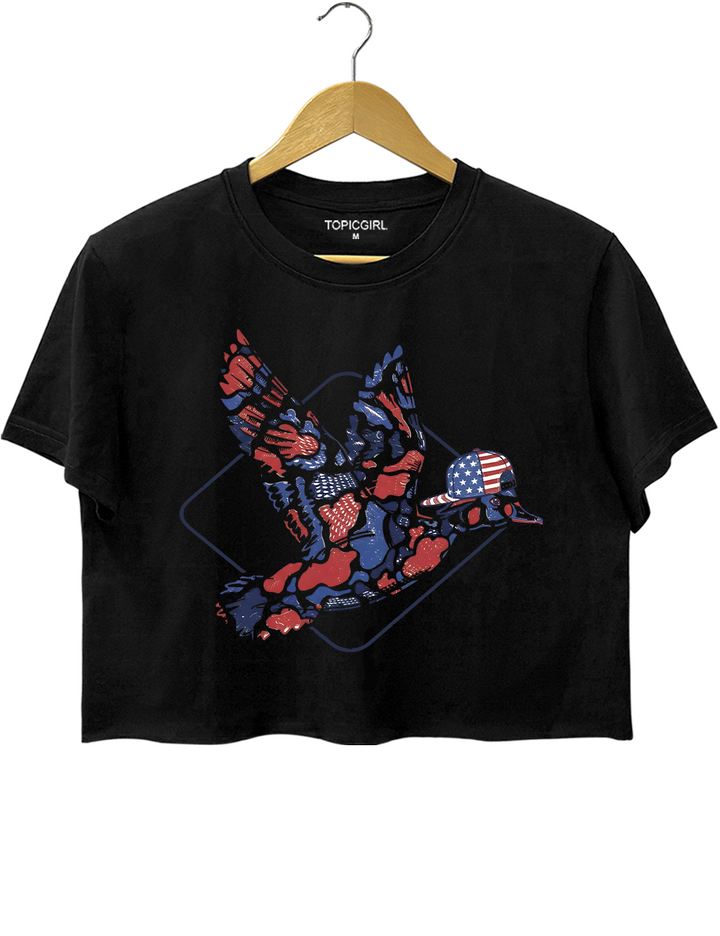 Camo Flying Mallard Duck 4th of July Patriotic Duck Crop Top