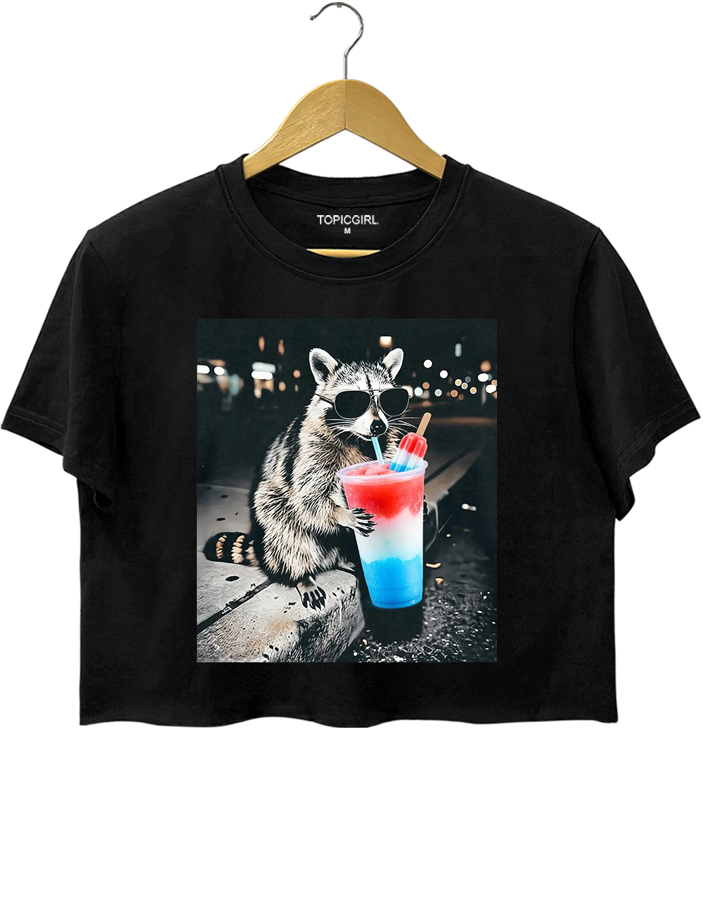 4th of July Raccoon Drinking Patriotic Slushie Crop Top