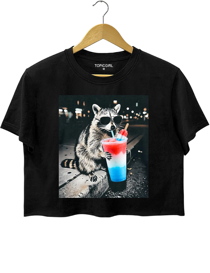 4th of July Raccoon Drinking Patriotic Slushie Crop Top