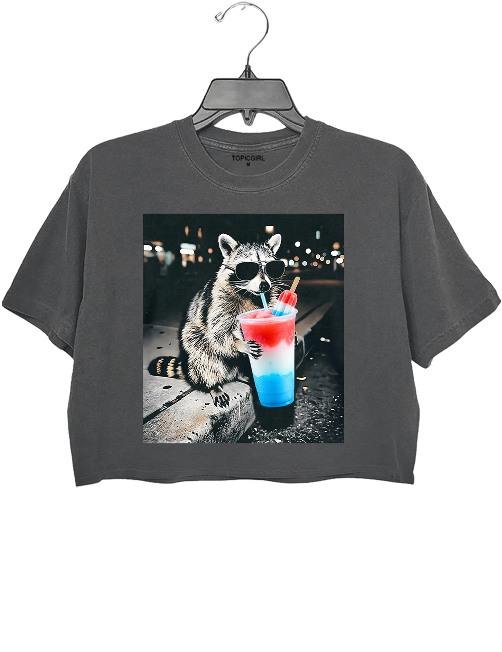 4th of July Raccoon Drinking Patriotic Slushie Crop Top
