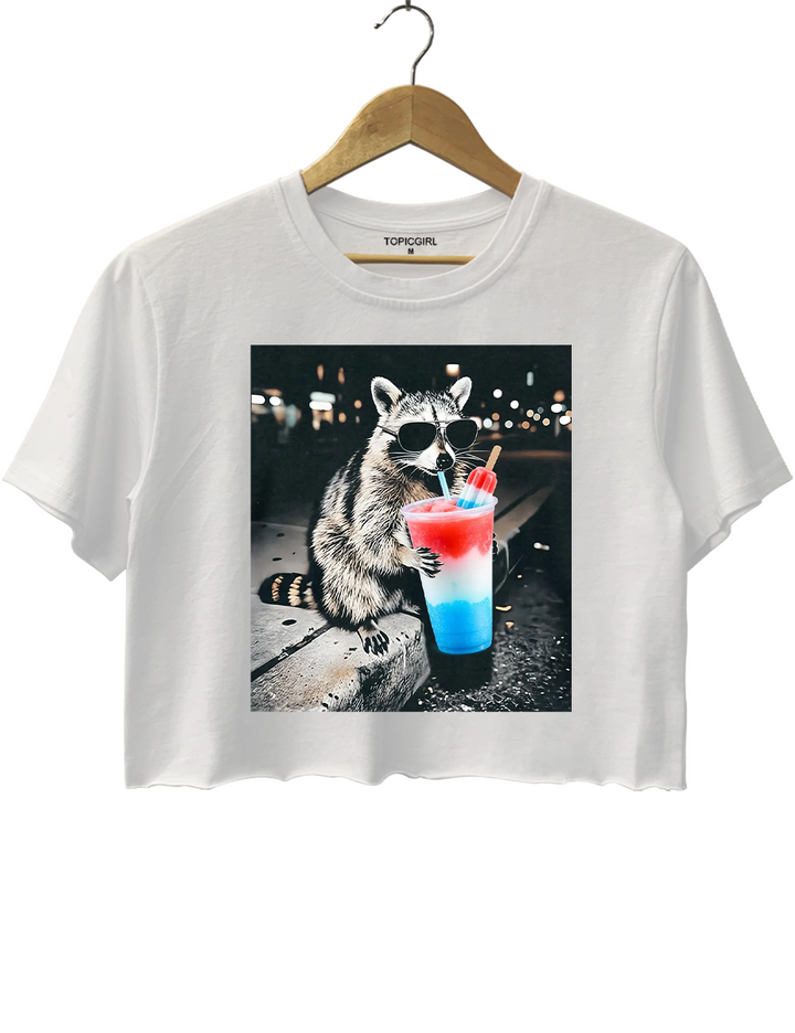 4th of July Raccoon Drinking Patriotic Slushie Crop Top
