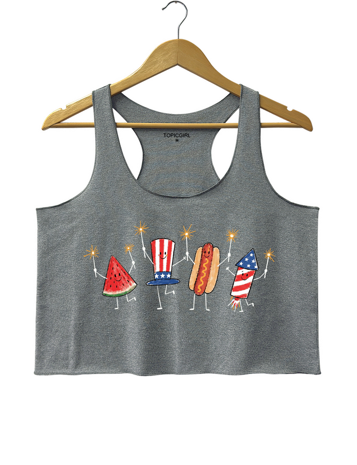 Watermelon Hotdog Firework Funny Sumer 250th Crop Tank Top