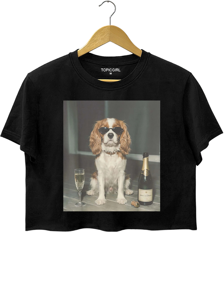 Funny Cavalier King Charles Drinking Champagne Crop Top