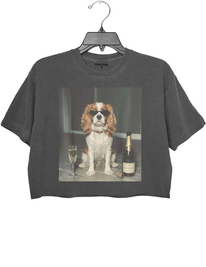 Funny Cavalier King Charles Drinking Champagne Crop Top