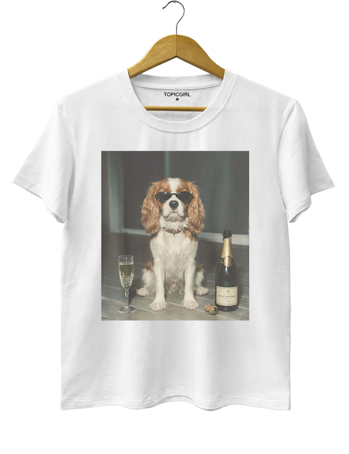 Funny Cavalier King Charles Drinking Champagne Tee