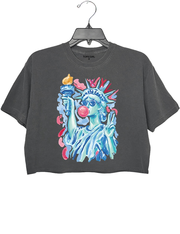 Preppy Statue Of Liberty Blowing Bubble Gum Crop Top