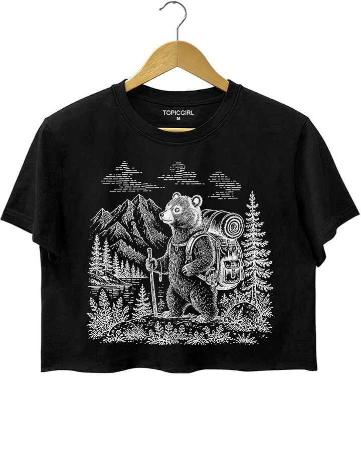 Vintage Hiking Bear Woodland Adventure Camping Crop Top