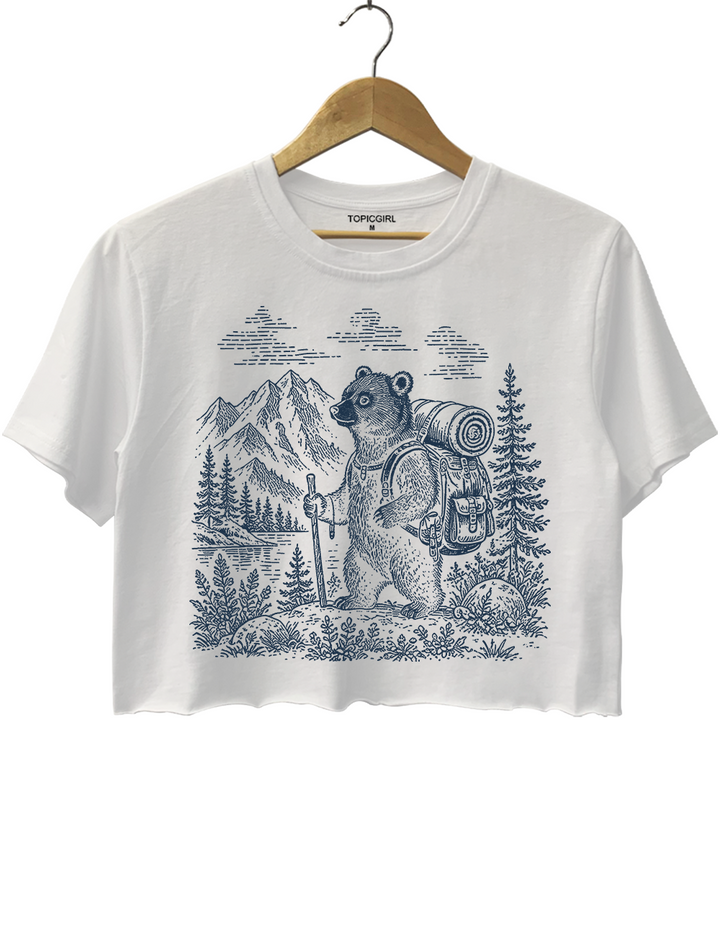 Vintage Hiking Bear Woodland Adventure Camping Crop Top