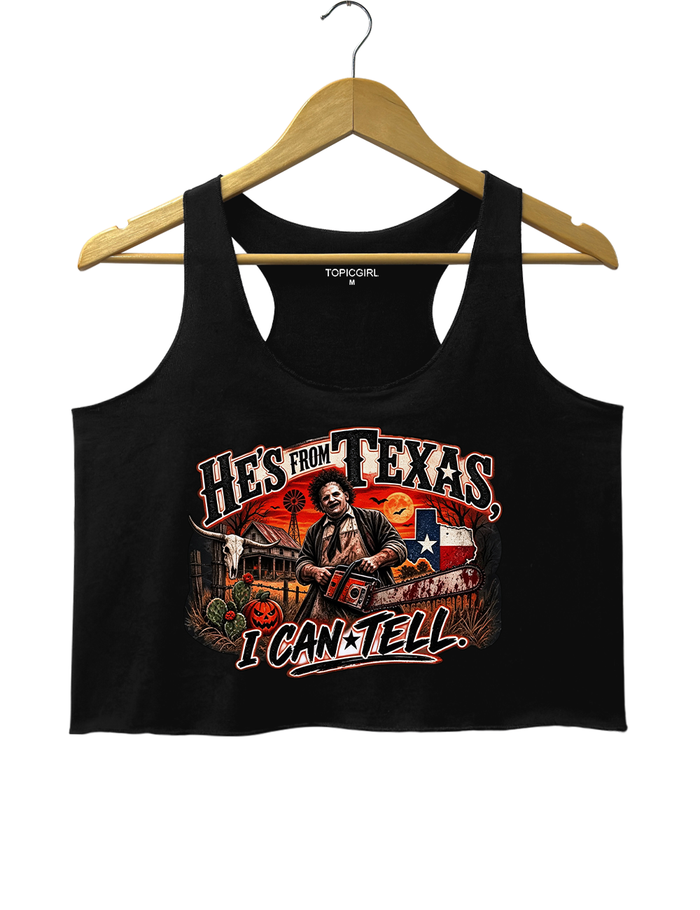 He‘s From Texas I Can Tell Texas Chainsaw Killer Crop Tank Top