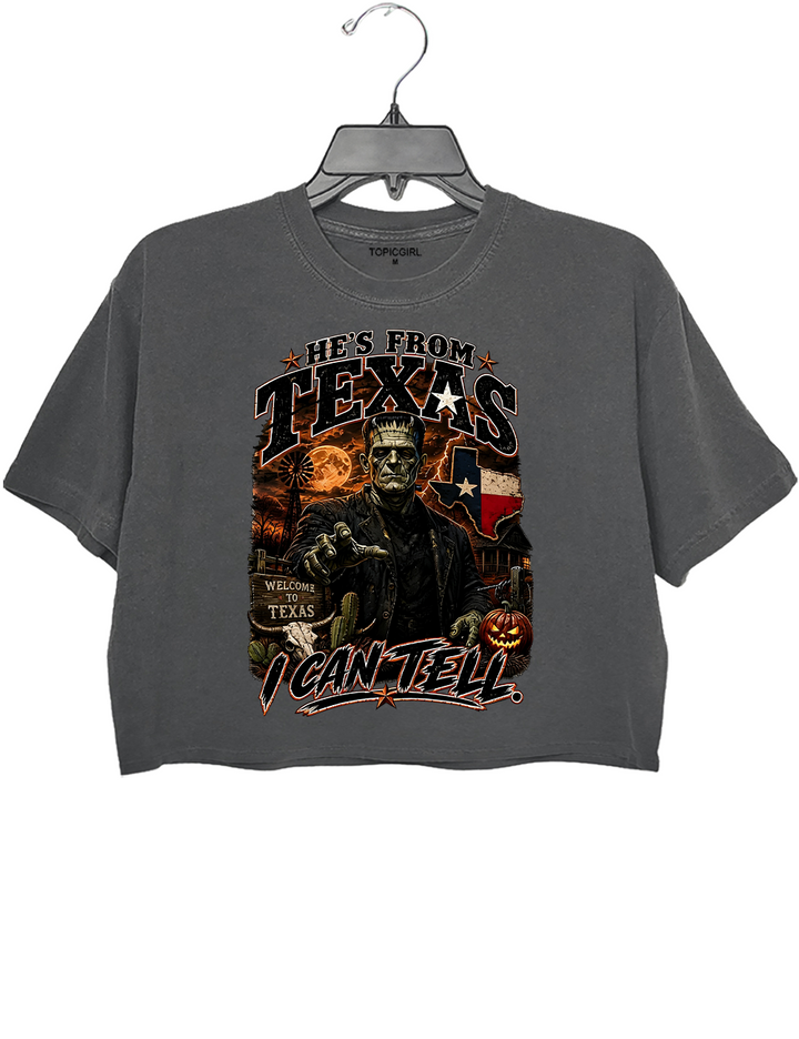 He‘s From Texas I Can Tell Frankenstein Crop Top