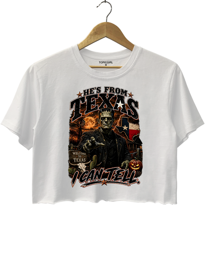 He‘s From Texas I Can Tell Frankenstein Crop Top