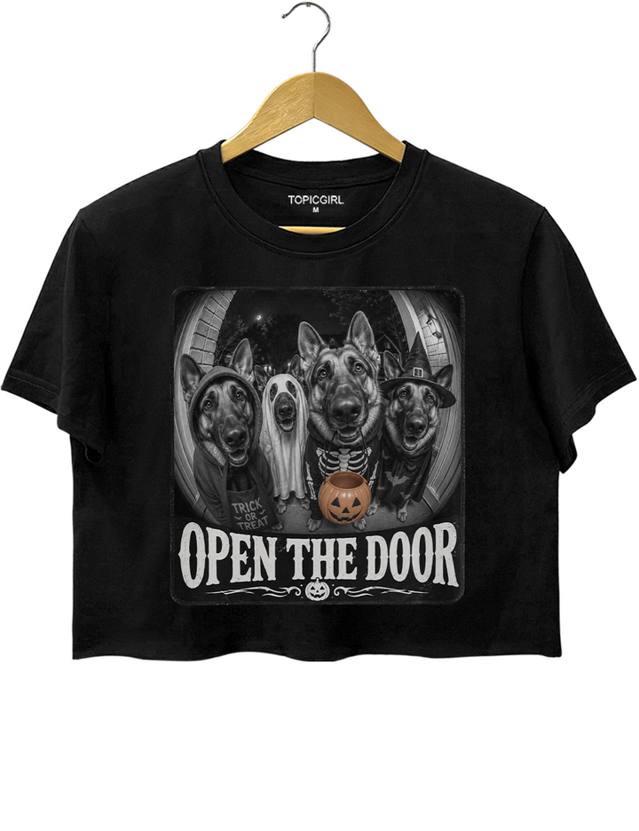 German Shepherd Halloween Open Door Trick Treat Dogs Crop Top