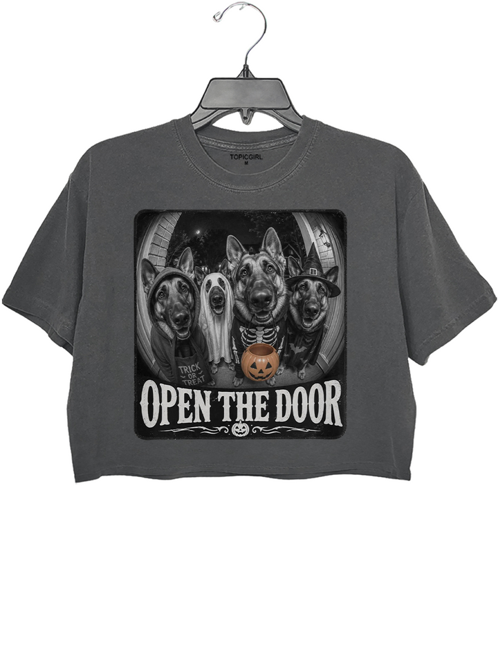 German Shepherd Halloween Open Door Trick Treat Dogs Crop Top